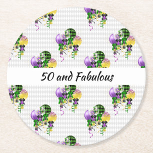 50 and Fabulous Mardi Gras Ballons Round Paper Coaster
