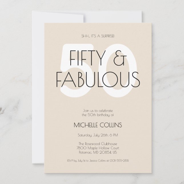 50 and fabulous Modern Beige Fifty Birthday Party Invitation (Front)