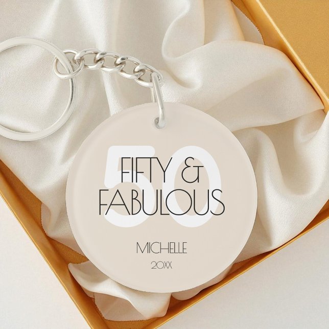 50 and fabulous Modern Beige Fifty Birthday Party Keychain (50 and fabulous Modern Beige Fifty Birthday Party Keychain)