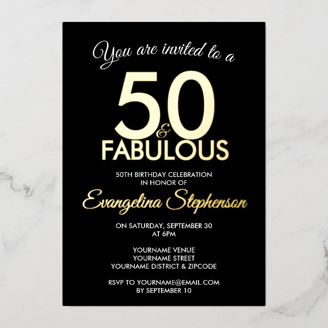 50 and Fabulous Modern Black Gold 50th Birthday  Foil Invitation (Front)