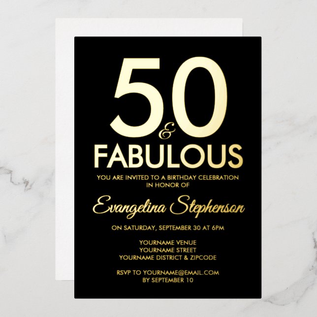 50 and Fabulous Modern Black Gold 50th Birthday Foil Invitation (Front/Back)