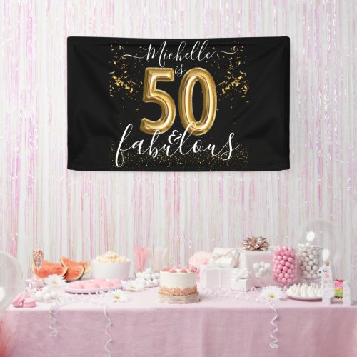 50 and Fabulous Modern Black Gold Glitter Birthday Banner