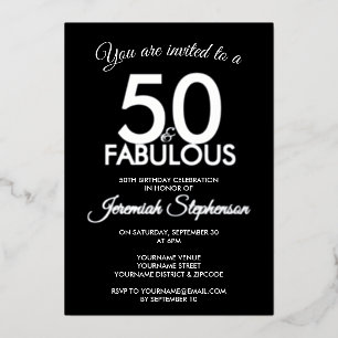 50 and Fabulous Modern Black Silver 50th Birthday Foil Invitation