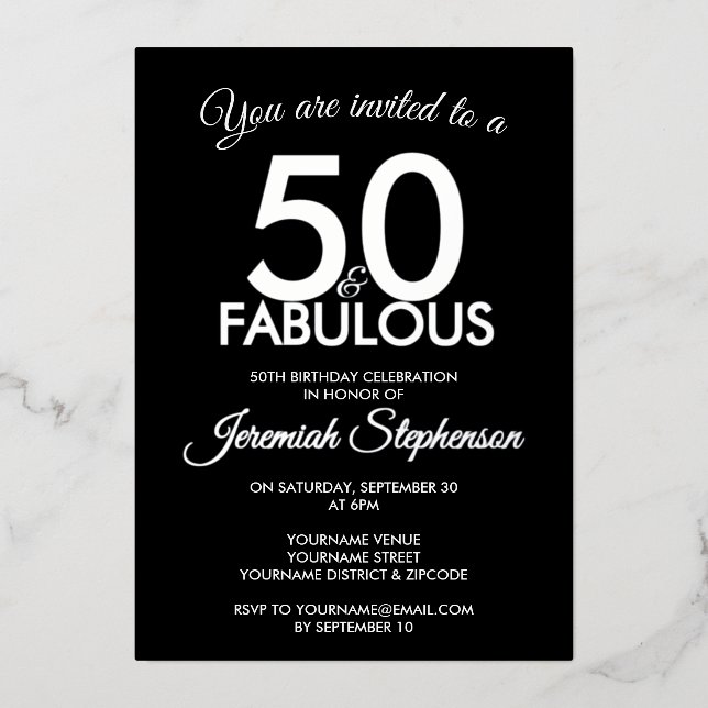 50 and Fabulous Modern Black Silver 50th Birthday Foil Invitation (Front)