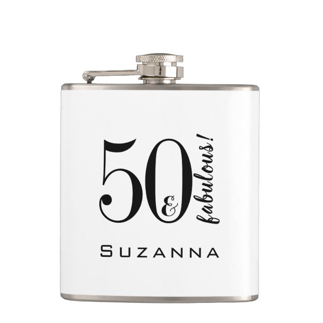 50 and Fabulous  Modern Black Typography Flask (Front)