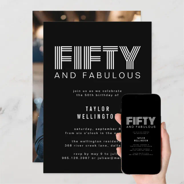 50 and Fabulous Modern Black White Birthday Party Invitation | Zazzle