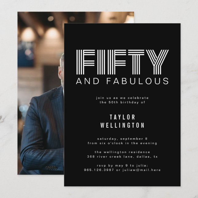 50 and Fabulous Modern Black White Birthday Party  Invitation (Front/Back)