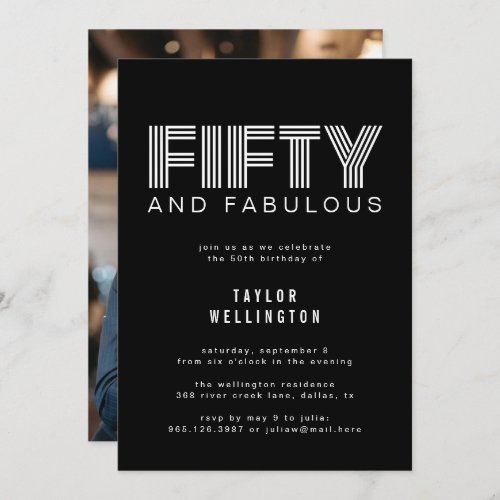 50 and Fabulous Modern Black White Birthday Party  Invitation