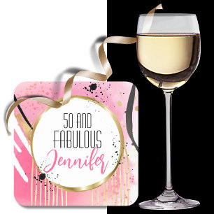 50 and Fabulous Modern Bold Hot Pink Black Gold Square Paper Coaster