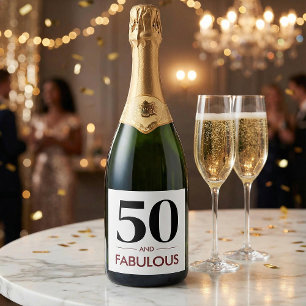50 And Fabulous Modern Cherry Wine Birthday Saying Sparkling Wine Label