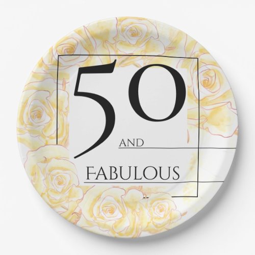 50 and Fabulous Modern Floral Yellow Roses Black Paper Plates