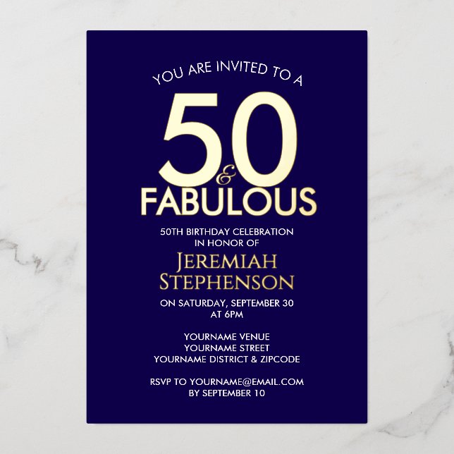 50 and Fabulous Modern Navy Gold 50th Birthday Foil Invitation (Front)