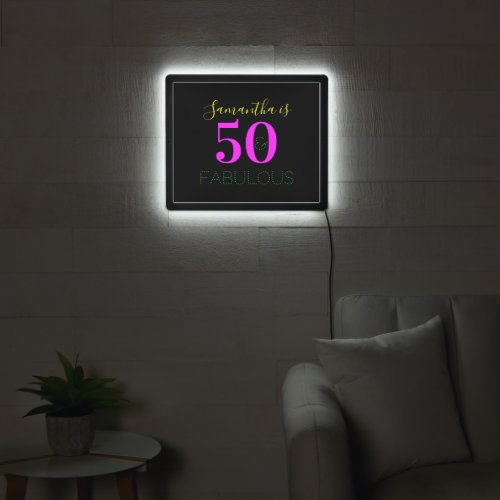 50 and fabulous Modern Neon Magenta Black Birthday LED Sign