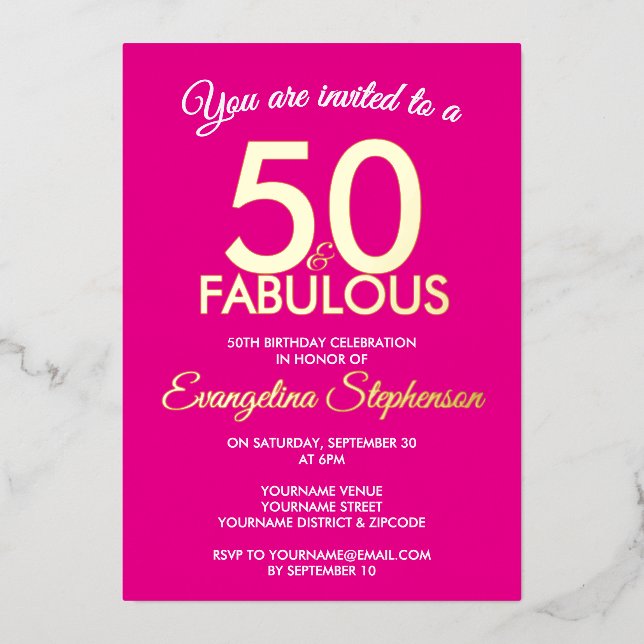 50 and Fabulous Modern Pink Gold 50th Birthday  Foil Invitation (Front)