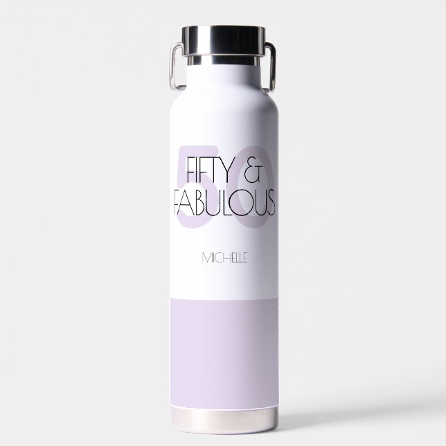 50 and fabulous Modern Purple 50th Birthday Party Water Bottle (Front)