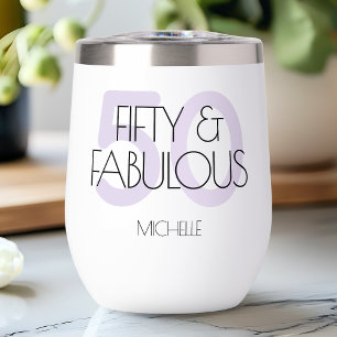 50 and fabulous Modern Purple Fifty Birthday Party Thermal Wine Tumbler