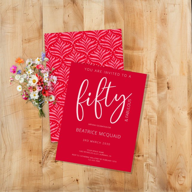 50 and Fabulous Modern Script Red Birthday Invitation (50 and fabulous birthday cherry red invitation)
