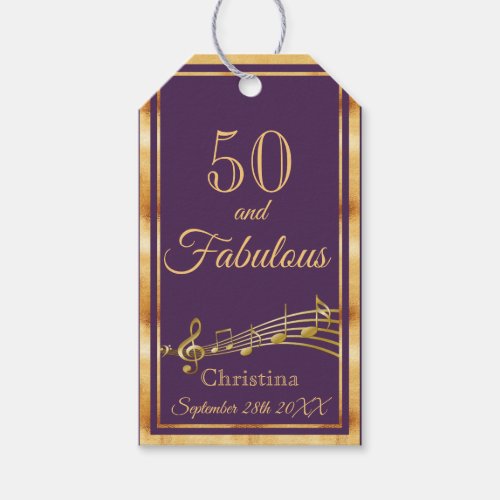 50 and fabulous music notes purple gold name gift tags