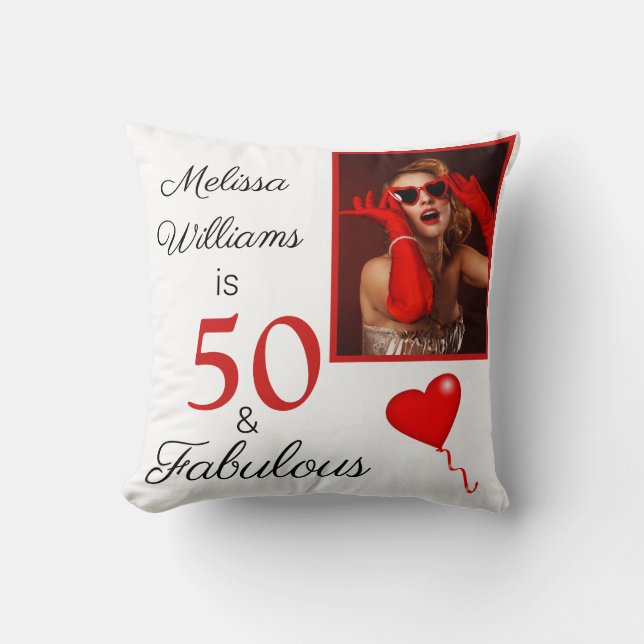 50 and Fabulous Name and Photo Red 50th Birthday Throw Pillow (Front)