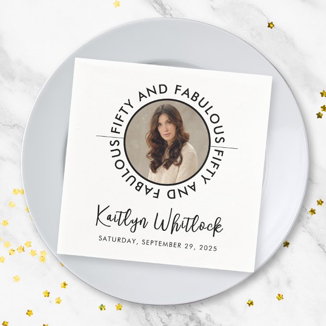 50 and Fabulous Name Date 50th Birthday Party Napkins (black and white 50 and fabulous bold 50th birthday party napkins for elegant name date details)