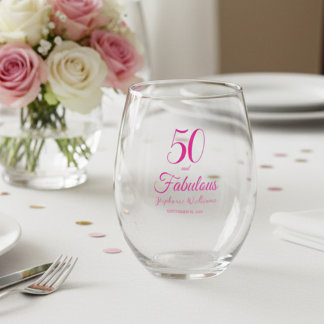 50 and Fabulous Name Date 50th Birthday Party Stemless Wine Glass