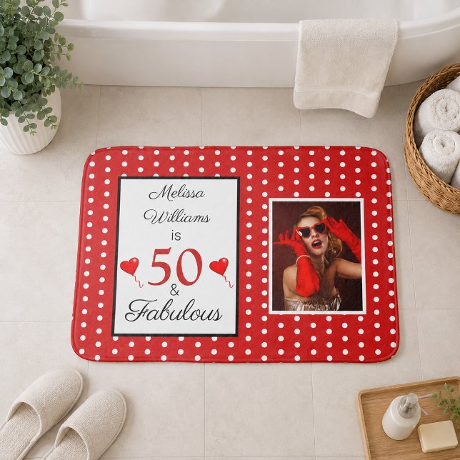 50 and Fabulous Name Photo 50th Birthday WH Red Bath Mat (50 and Fabulous Name Photo 50th Birthday White Dots Red Bath Mat)