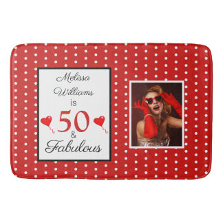 50 and Fabulous Name Photo 50th Birthday WH Red Bath Mat