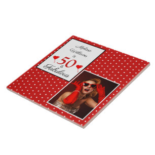 50 and Fabulous Name Photo 50th Birthday WH Red Ceramic Tile