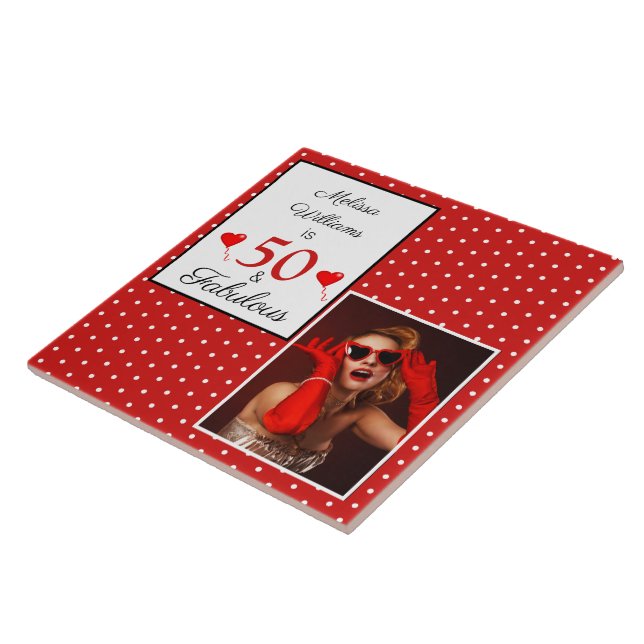 50 and Fabulous Name Photo 50th Birthday WH Red Ceramic Tile (Side)
