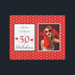 50 and Fabulous Name Photo 50th Birthday White Red Metal Print<br><div class="desc">Celebration birthday part with the 50 and Fabulous metal art A good gift idea for that special person. Personalize with her or his photo and name.White dots and red background. The red and black typography theme for this modern, fun, and elegant design. The script style font and the colors can...</div>