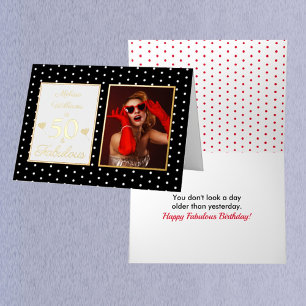 50 and Fabulous Name Photo Black White Birthday Foil Greeting Card