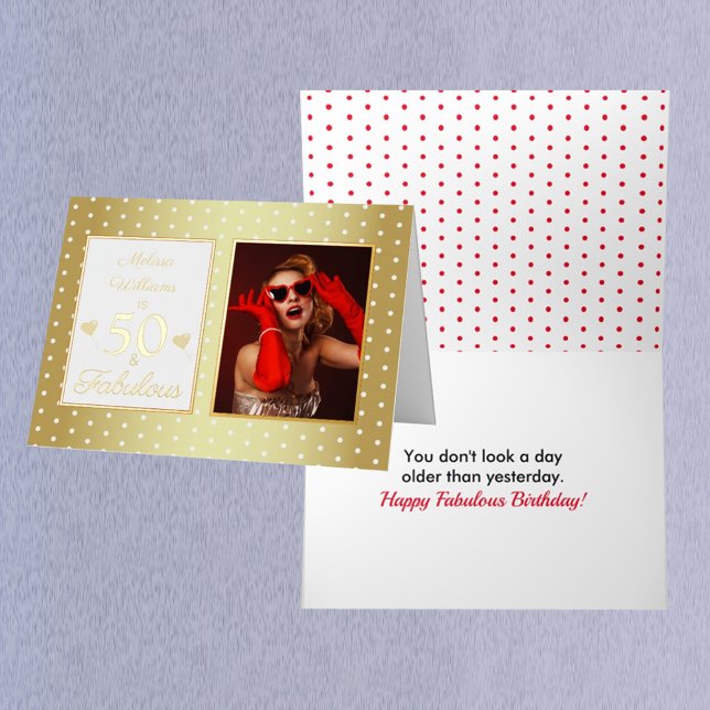 50 and Fabulous Name Photo Gold White Birthday Foil Greeting Card (Creator Uploaded)