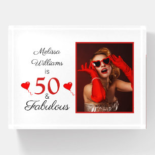 50 and Fabulous Name Photo Red 50th Birthday Paperweight
