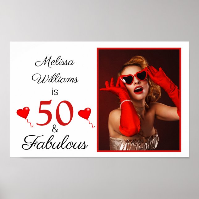 50 and Fabulous Name Photo Red 50th Birthday Small Poster (Front)