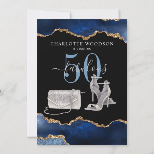 50 And Fabulous Navy Black Gold Agate Invitation