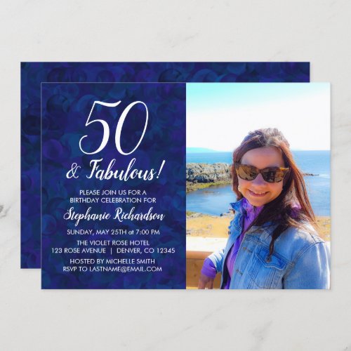50 and Fabulous Navy Blue Photo Birthday Party Invitation
