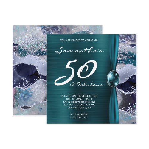50 and Fabulous Ocean Blue Teal Agate Birthday Invitation