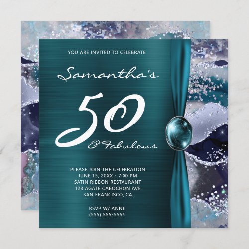 50 and Fabulous Ocean Blue Teal Agate Birthday Invitation