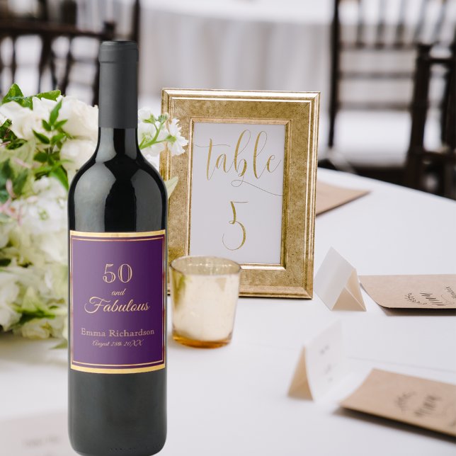 50 and fabulous on stylish purple with name date wine label (Creator Uploaded)