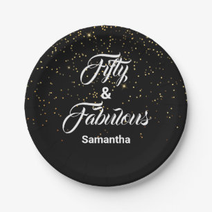 50 and Fabulous Personalized Gold Glitter Black Paper Plates