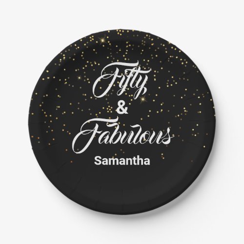 50 and Fabulous Personalized Gold Glitter Black Paper Plates