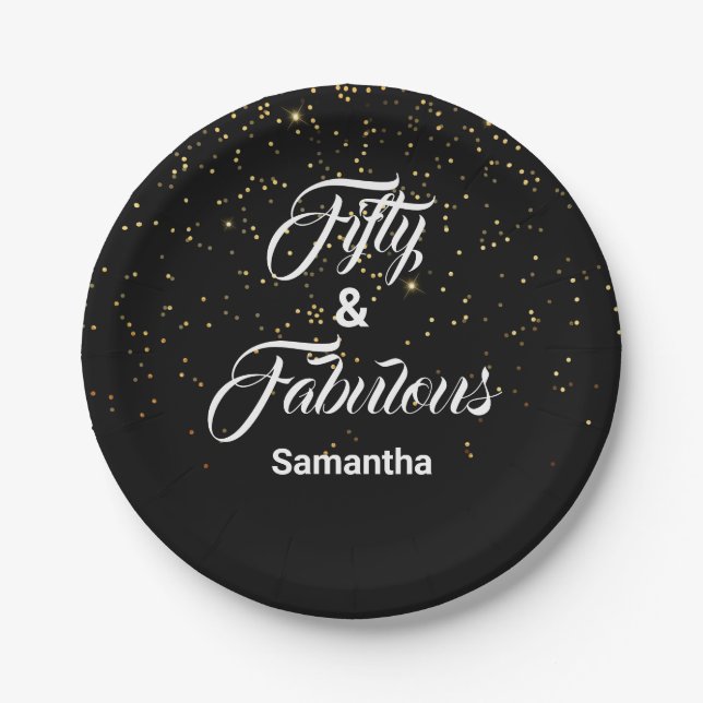 50 and Fabulous Personalized Gold Glitter Black Paper Plates (Front)