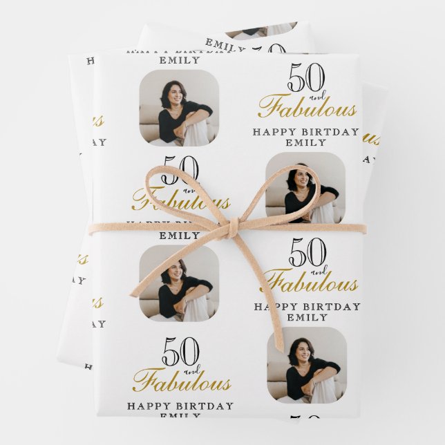 50 and Fabulous Photo 50th Birthday Wrapping Paper Sheets (In situ)