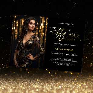 50 and Fabulous Photo Black Gold Foil Invitation