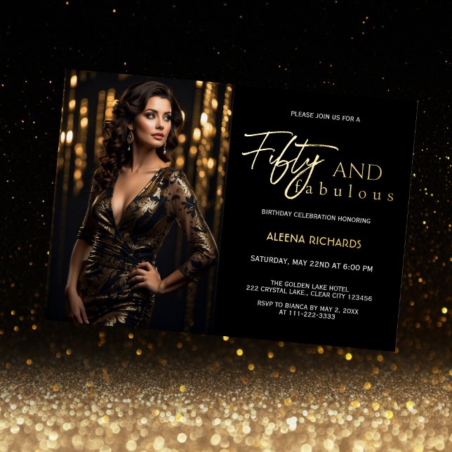 50 and Fabulous Photo Black Gold Foil Invitation (Creator Uploaded)