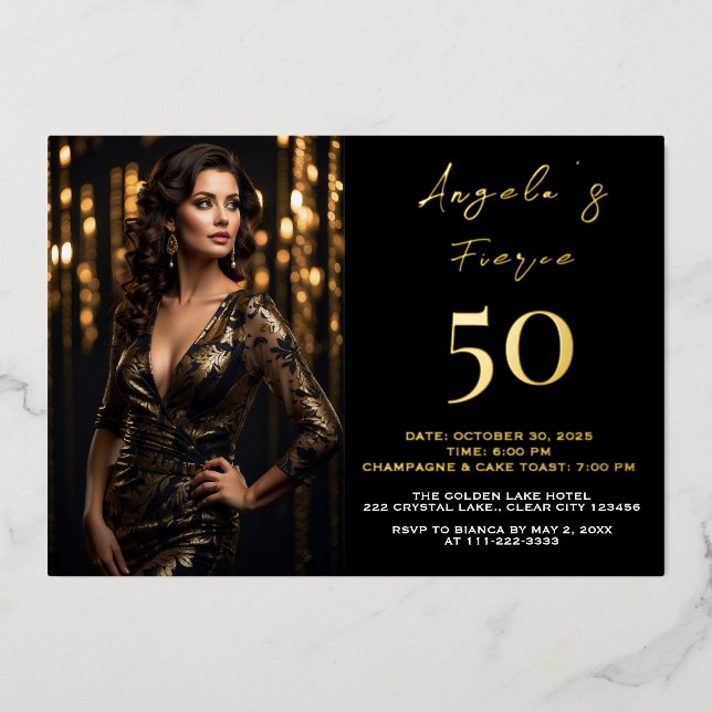 50 and Fabulous Photo Black Gold Foil Invitation (Front)