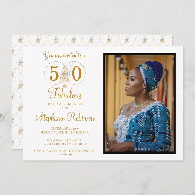 50 and Fabulous Photo Gold 50th Birthday Party Invitation (Front/Back)