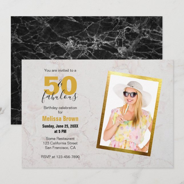 50 and Fabulous Photo Marble Gold Modern Birthday Invitation (Front/Back)