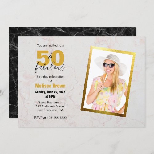 50 and Fabulous Photo Marble Gold Modern Birthday Invitation