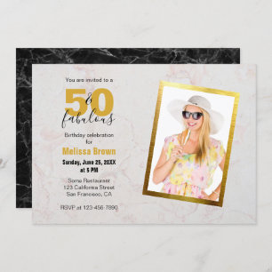 50 and Fabulous Photo Marble Gold Modern Birthday Invitation